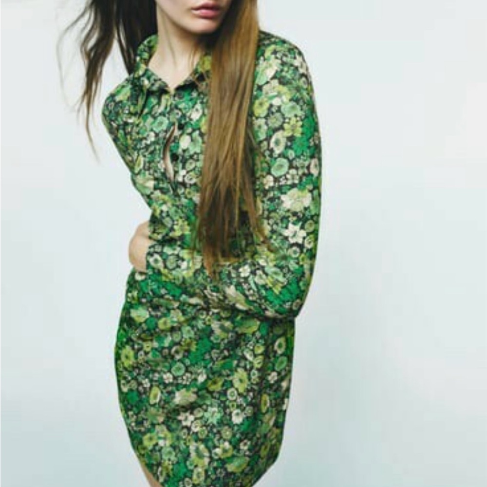 ZARA 60s 70s Inspired Green Floral Long Sleeve Mini Dress Mod Women Size M - Picture 2 of 7